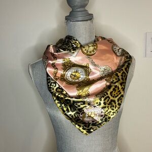 Elegant Leopard and Clock Print satin Scarf
